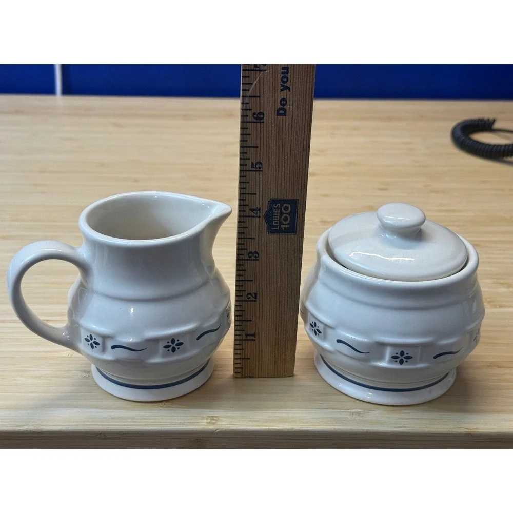 Longaberger Pottery Woven Traditions Blue Cream and Sugar Set Ivory Vitrified